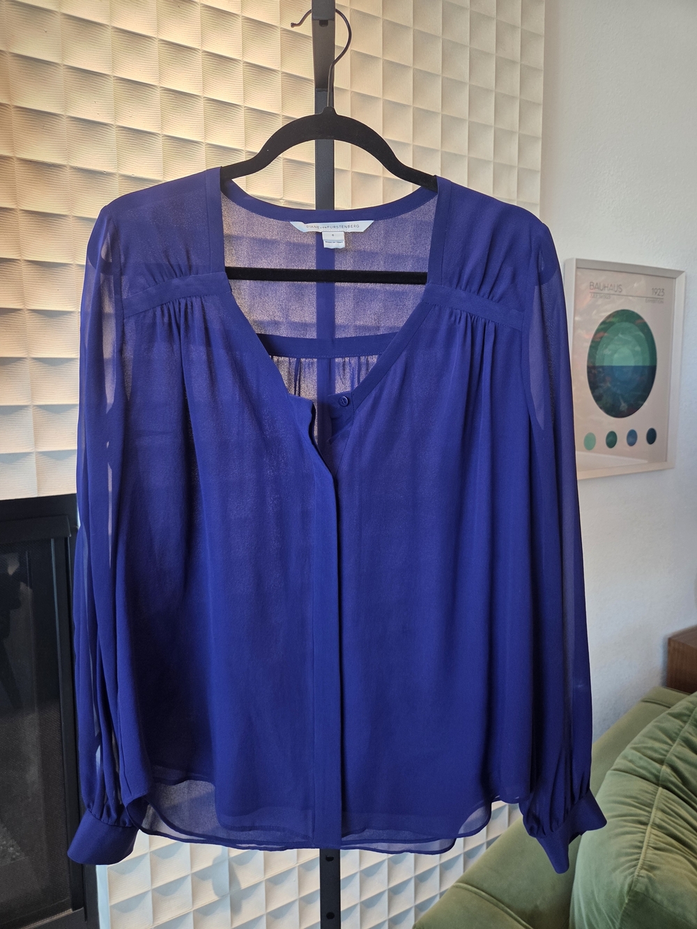 Diane Von Furstenberg DVF Lane Silk Chiffon Button Down Blouse Cobalt Blue, 6